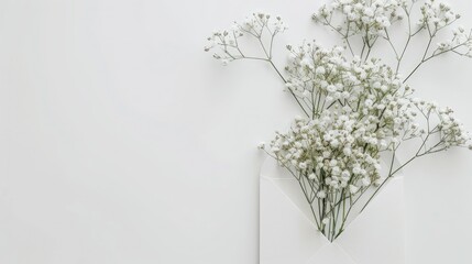 A mockup featuring white Gypsophila in a white envelope set against a white background perfect for occasions like Women s Day and Mother s Day
