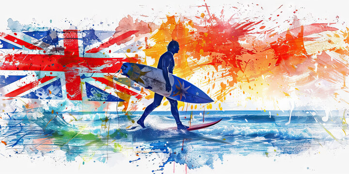 Australian Flag with an Aboriginal Artist and a Surfer - Picture the Australian flag with an Aboriginal artist representing Australia's indigenous culture, and a surfer coastal lifestyle.
