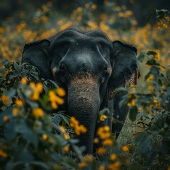 b'A Solitary Elephant in a Field of Yellow Flowers'