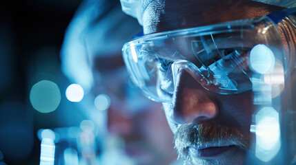 Image of the R&D center with portrait of engineers wearing protective glasses researching a new energy source