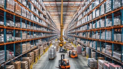 b'Automated warehouse with forklifts and high shelves full of goods'