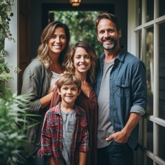 Fototapeta premium b'Happy family of four standing in front of their house'