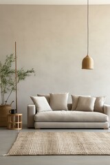 b'Modern minimalist living room interior with beige sofa, carpet, plant, and wicker lamp'