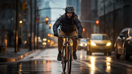 b'A cyclist rides through the city streets.'