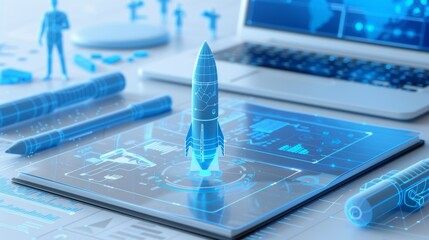 A 3D rendering of a rocket taking off from a tablet.