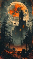 Fototapeta premium b'Haunted house with bats flying around under a blood moon'