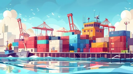 Stacked cargo containers at the port with overhead crane. Stylized digital illustration of a shipping dock