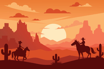 Fototapeta na wymiar Flat western background landscape cowboys in desert horse and girl silhouette vector