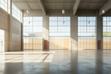 b'Large empty room with concrete walls and large windows'