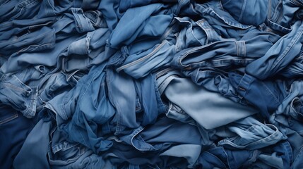 Denim background. Variety of crumpled blue jeans. Top view to stack of jeans denim.