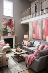 b'A living room with a fireplace, two sofas, and a coffee table'