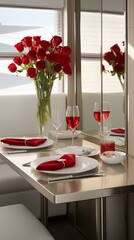 b'A romantic dinner table with red roses and wine'