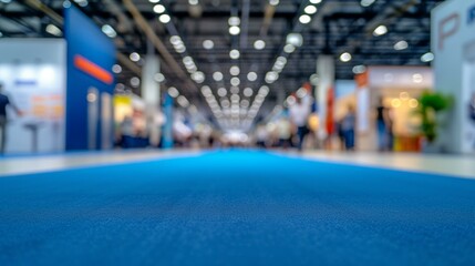 b'Blurred image of a blue carpet in a convention center with people walking in the background'
