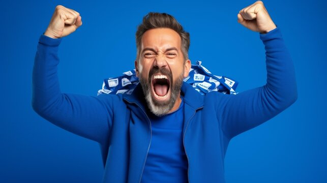 b'Ecstatic man celebrating with arms in the air'