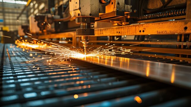 b'Industrial laser cutting machine in operation'