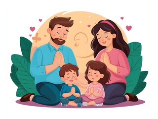 illustration of family with children praying