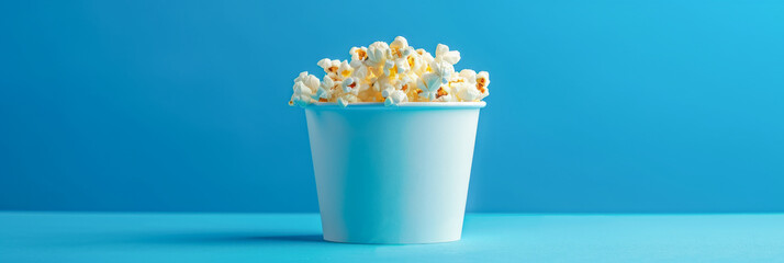 Crunchy Butter Popcorn in a Blue Container on Vibrant Background