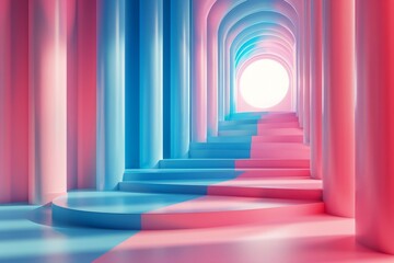 b'Pink and blue pastel color 3D rendered background with stairs and archways'