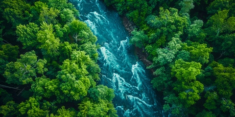 Fototapeta premium Aerial View of Serene Waterfall Flowing Through Lush Green Forest