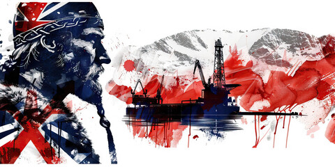 The Norwegian Flag with a Viking Warrior and an Oil Rig Worker - Picture the Norwegian flag with a Viking warrior representing Norway's Viking history and an oil rig worker