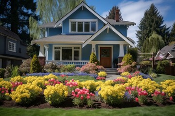 Fototapeta premium b'Colorful flowers in front of a blue house'