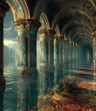 ornate hallway with water reflecting the ceiling