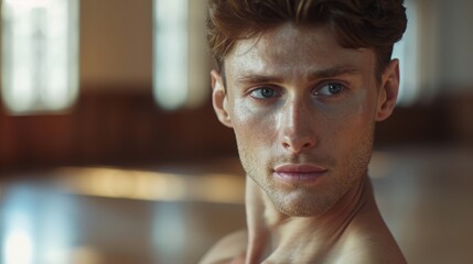 Obraz premium a close up of a man without a shirt looking at the camera