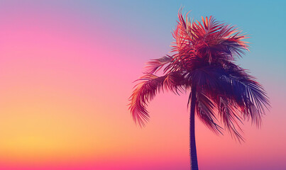 A palm tree stands against a vibrant sunset sky with pink and blue hues. Generate AI