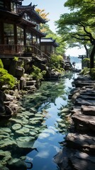 b'chinese traditional courtyard house with lake and garden' - obrazy, fototapety, plakaty