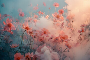 b'ethereal flower field with soft pastel colors and a dreamy atmosphere'
