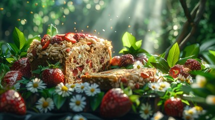 b'Delicious and healthy strawberry cake surrounded by flowers and leaves'