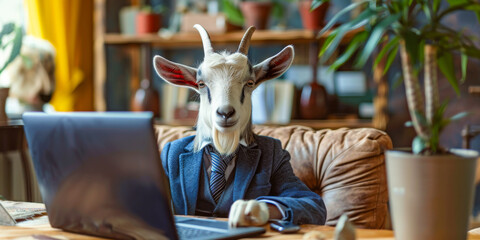 Business Savvy Goat at a Cozy Home Office Desk Using Laptop