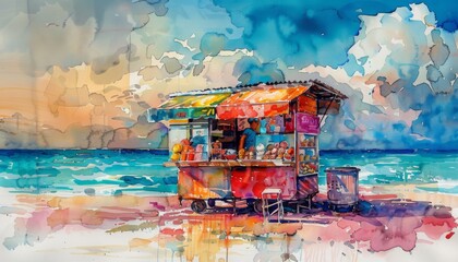 watercolor painting of a beach shack with a man standing inside it. The shack is red and green and there is a blue sky with white clouds behind it.