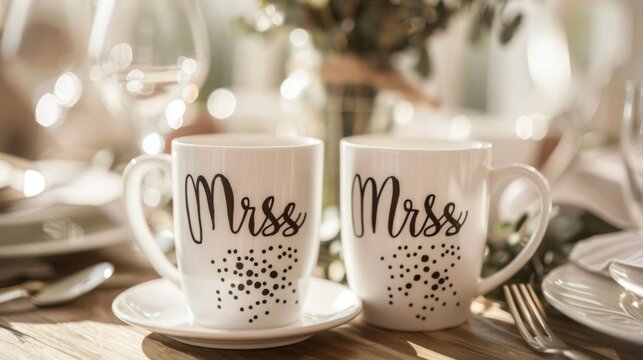 A pair of mugs with the words Mr. and Mrs. handpainted in elegant calligraphy serve as a sweet gift for the newlyweds at a DIY wedding..