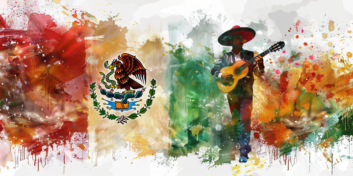 The Mexican Flag with a Mariachi Band Member and a Muralist - Imagine the Mexican flag with a member of a mariachi band representing Mexican music and culture, and a muralist symbolizing Mexico'