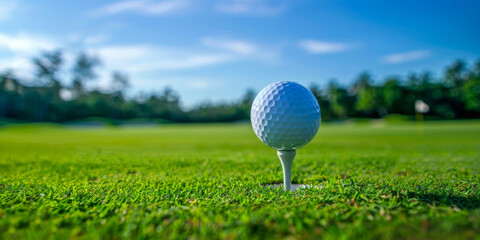 Golf Ball on Tee in Lush Green Course with Sunny Blue Sky