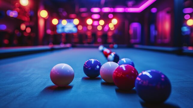 Stylish billiards night club ambient shot with comfortable seating and lively bar area