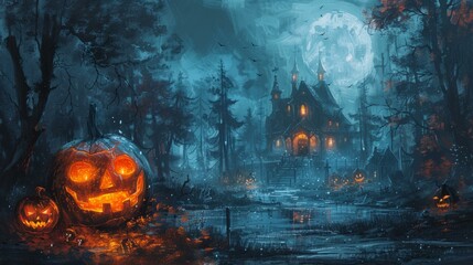 b'A spooky house in a dark forest with a giant pumpkin in the foreground'
