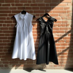 b'Two sleeveless dresses hanging on a brick wall'