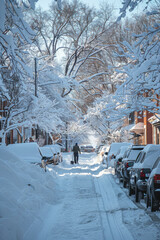 Winter Wonderland Snow Covered Street with Person Walking between Parked Cars