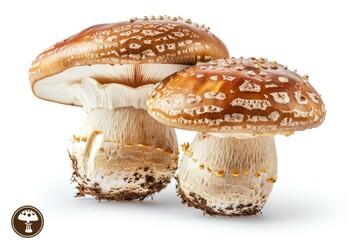b'Two brown mushrooms with white spots on a white background'