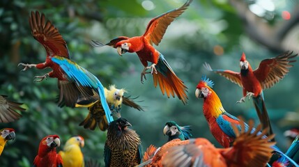 b'A flock of parrots in a lush green jungle'