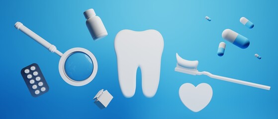 3d object illustration for dentist tooth with tools of medical health care for dental clinic hospital bussiness