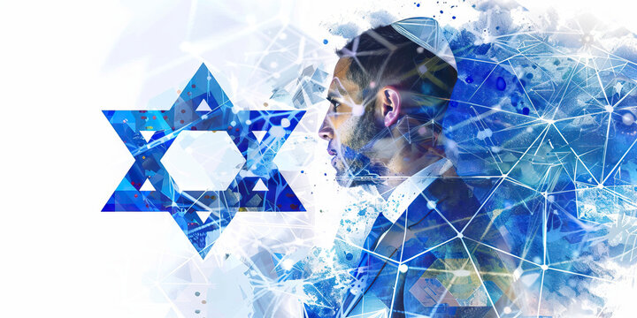 The Israeli Flag with a Rabbi and a Technological Innovator - Picture the Israeli flag with a rabbi representing Judaism and Israeli culture, and a technological innovator symbolizing Israel's advance