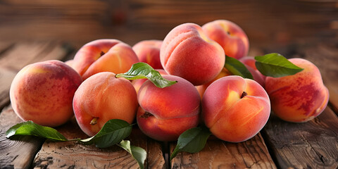 top view of pile of peaches on wooden background spring food