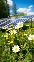 b'Solar panel in a field of daisies'