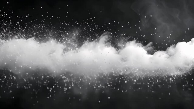 Closeup of white powder cloud on black background symbolizing substances or mystery. Concept Mystery Photography, Abstract Art, Powder Cloud, Substances Symbolism