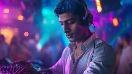 A man in Purple headphones entertains the crowd with music at a club