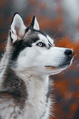 b'A Siberian Husky looking up at the falling snow'