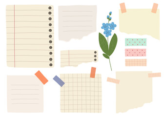 Collection of note paper, task and to-do list, sticker templates, planner page with ribbon. Notes vector isolates.